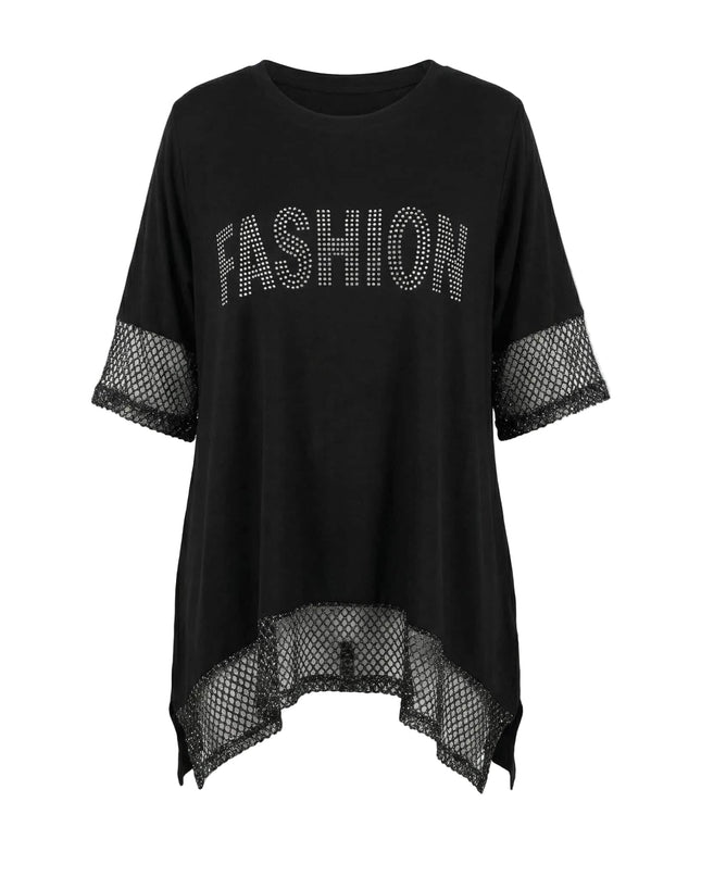 Черна асиметрична туника с мрежести акценти и надпис FASHION от камъчета, представена като плосък кадър на бял фон.