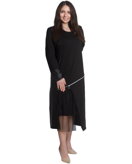 Елегантна черна рокля с кожени акценти и тюл - Maxi Market