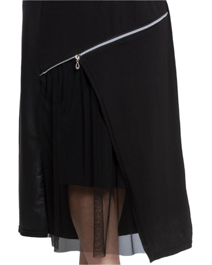 Елегантна черна рокля с кожени акценти и тюл - Maxi Market