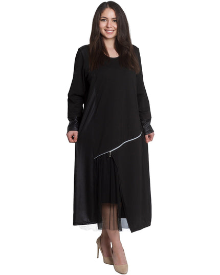 Елегантна черна рокля с кожени акценти и тюл - Maxi Market