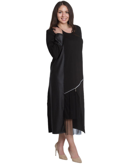 Елегантна черна рокля с кожени акценти и тюл - Maxi Market