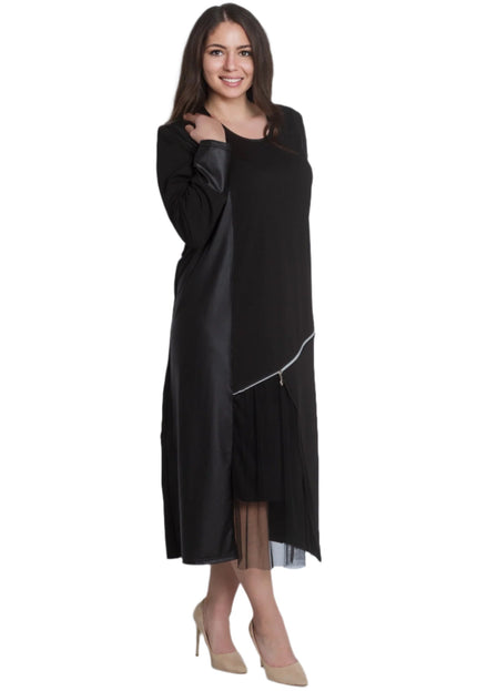 Елегантна черна рокля с кожени акценти и тюл - Maxi Market