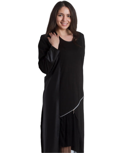 Елегантна черна рокля с кожени акценти и тюл - Maxi Market