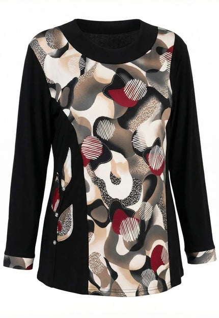 Елегантна черна туника с абстрактен принт в бежово, сиво и червено, декорирана с копчета, заснета отпред на бял фон.
