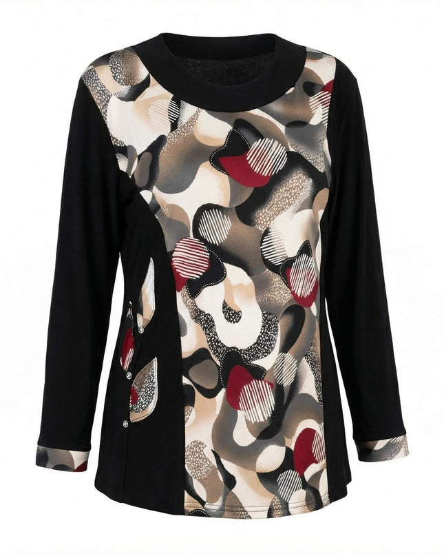 Елегантна черна туника с абстрактен принт в бежово, сиво и червено, декорирана с копчета, заснета отпред на бял фон.