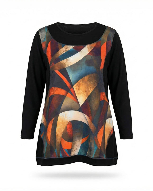 Елегантна есенна туника с витражен принт в черно, съчетаваща оранжеви и сини нюанси, с дълъг ръкав и обло деколте, заснета на бял фон.