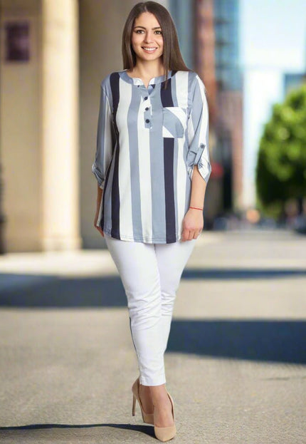 Елегантна макси риза на райе с джобче и 3/4 ръкави - Maxi Market