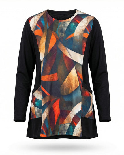 Елегантна макси туника в черно с цветен геометричен преден панел в оранжево, синьо и бежово, заснета фронтално на бял фон.