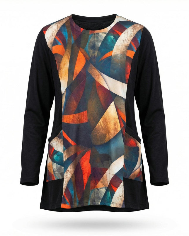 Елегантна макси туника в черно с цветен геометричен преден панел в оранжево, синьо и бежово, заснета фронтално на бял фон.