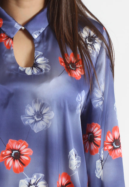 Елегантна сатенена риза в големи размери - Цветен десен - Maxi Market
