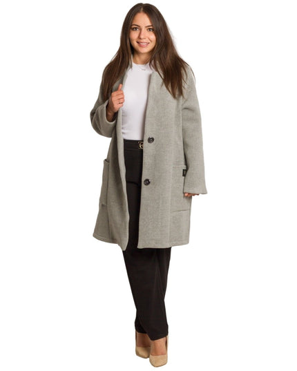 Елегантно сиво палто в големи размери с разкроена кройка - Maxi Market