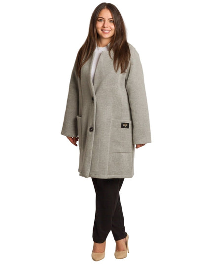 Елегантно сиво палто в големи размери с разкроена кройка - Maxi Market