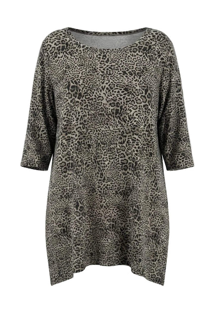 Ежедневна разкроена макси туника с актуален леопардов десен, 3/4 ръкави и елегантно обло деколте, представена на бял фон.