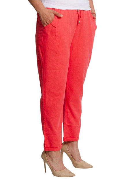 Коралов ленен панталон с джобове и връзки в големи размери - Maxi Market