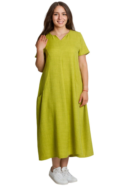 Ленена лятна макси рокля с джобове в цвят лайм - Maxi Market