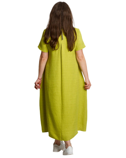 Ленена лятна макси рокля с джобове в цвят лайм - Maxi Market