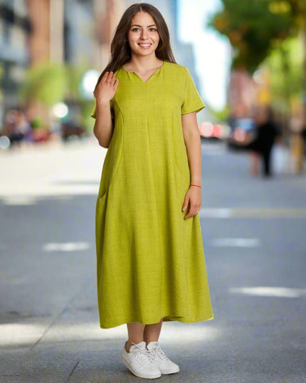Ленена лятна макси рокля с джобове в цвят лайм - Maxi Market