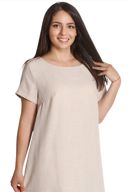 Лятна ленена рокля в бежово в макси размери