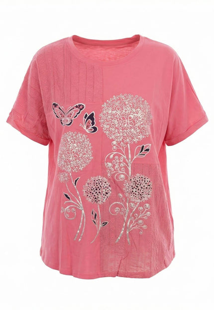 Лятна памучна туника в цвят корал с апликация на цветя и пеперуди, представена като плосък кадър на бял фон.