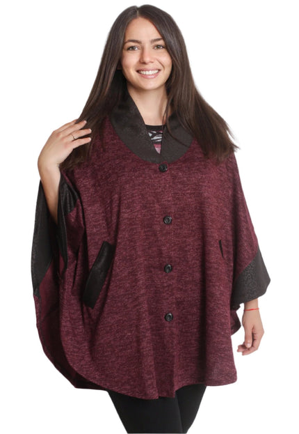 Макси пончо в цвят бордо с копчета и джобове – Идеално за есенно - зимния сезон - Maxi Market