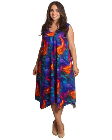 Многоцветна разкроена рокля с обло деколте в големи размери - Maxi Market