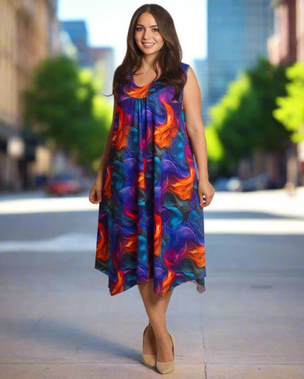 Многоцветна разкроена рокля с обло деколте в големи размери - Maxi Market