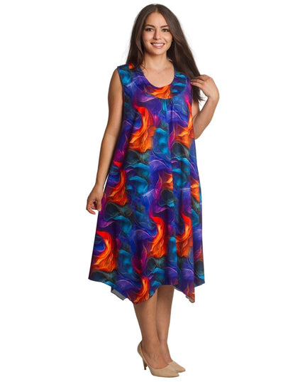 Многоцветна разкроена рокля с обло деколте в големи размери - Maxi Market