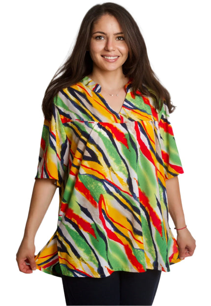 Многоцветна ризка с яка и V - деколте в големи размери - Maxi Market