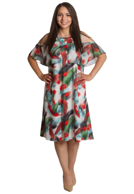 Многоцветна рокля с отворени рамене и ефирен волан - Maxi Market