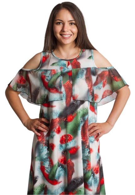 Многоцветна рокля с отворени рамене и ефирен волан - Maxi Market