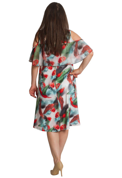 Многоцветна рокля с отворени рамене и ефирен волан - Maxi Market