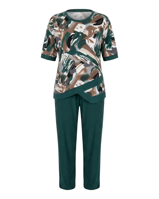 Масленозелен макси комплект туника с абстрактен принт и прав панталон, представен като плосък кадър на бял фон.