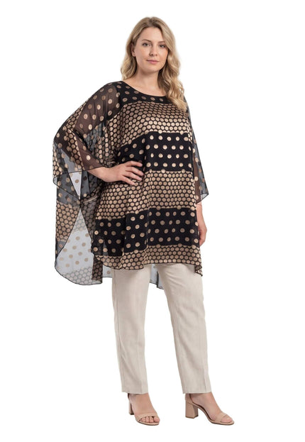 Официална черна макси туника тип пончо с шифон на златисти точки, представена от модел в цял ръст на бял фон.