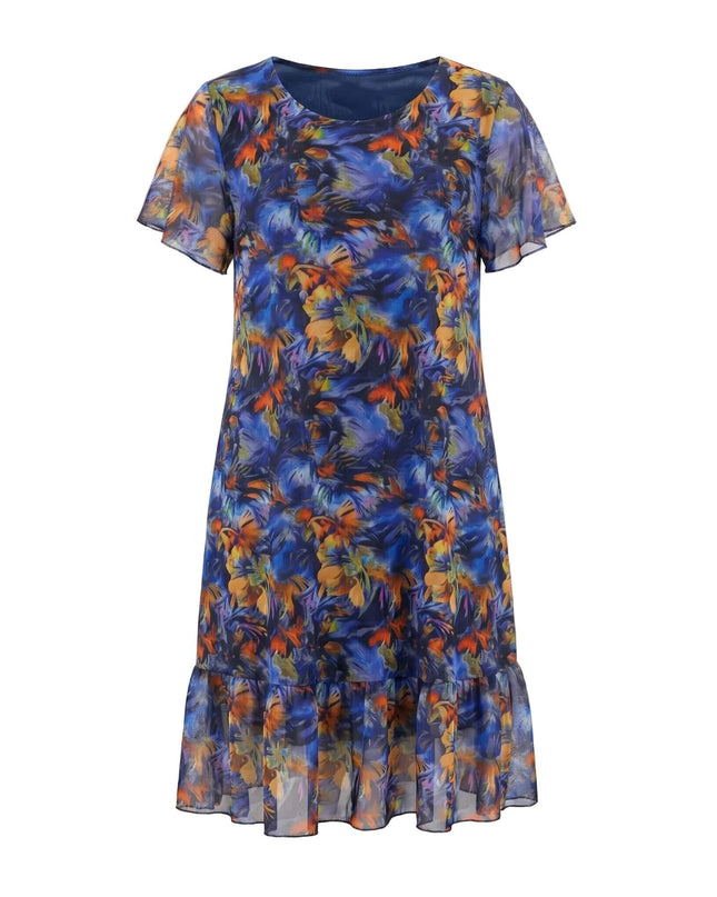 Официална макси рокля от пъстър шифон с разкроен силует – плосък кадър на бял фон, показващ предната част с флорален принт и къси ръкави.