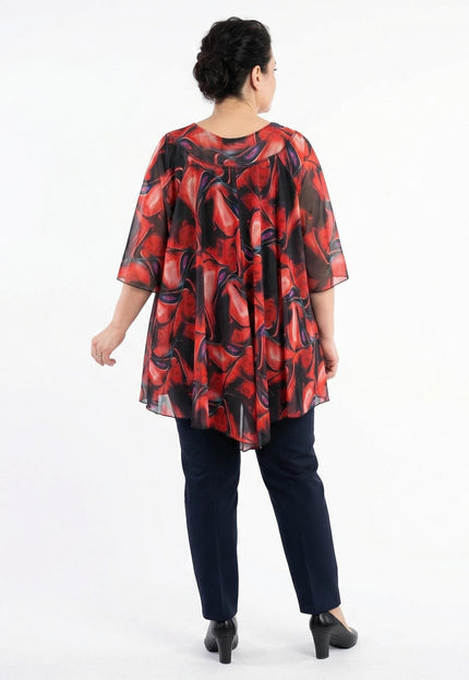 Официална макси туника от цветен шифон с червени и черни нюанси, заснета в гръб, демонстрираща свободната асиметрична кройка.