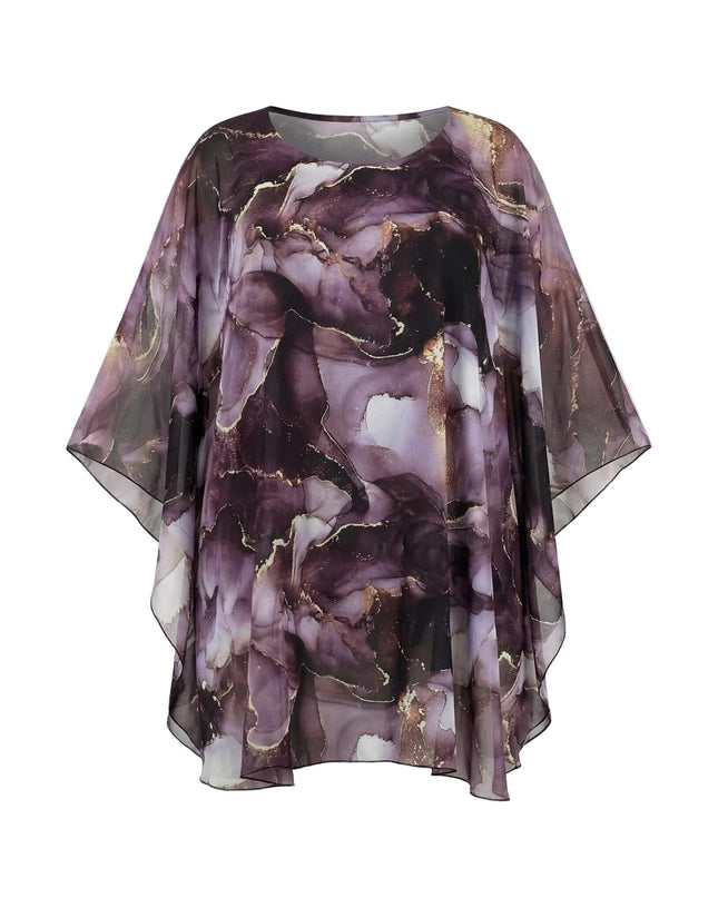 Официална макси туника тип пончо в лилави нюанси с абстрактен принт и асиметричен подгъв, изглед отпред на бял фон.