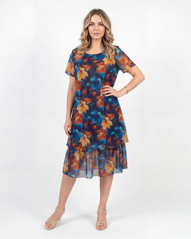 Елегантна тъмносиня макси рокля от шифон с многоцветен принт на листа и ефирни ръкави, показана в цял ръст.