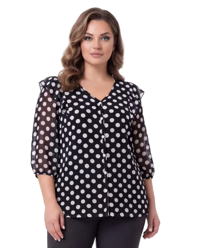 Официална тъмносиня туника на бели точки с V-образно деколте, предни копчета и шифонени ръкави с къдрици, изглед отпред.