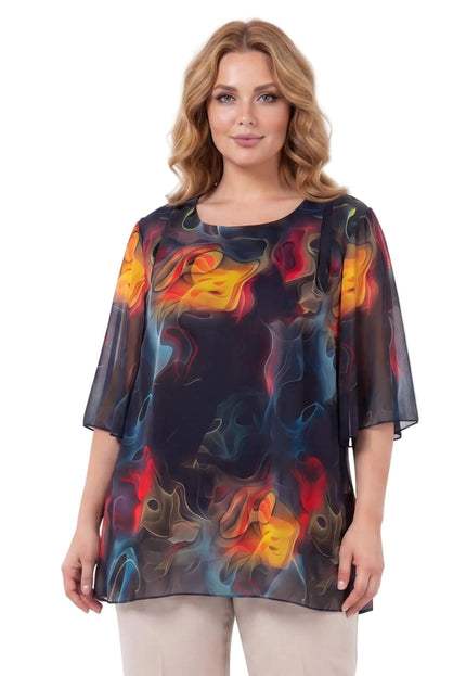 Официална тъмносиня туника от шифон с ярък цветен десен и широки ръкави, представена отпред на бял фон.