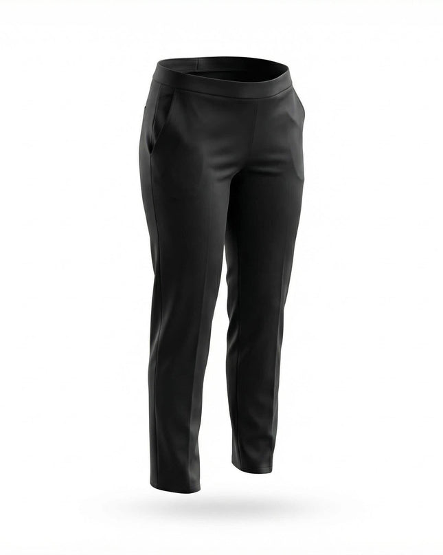 Официален черен панталон в големи размери с удобна еластична талия и странични джобове, представен като изолиран продукт на бял фон.