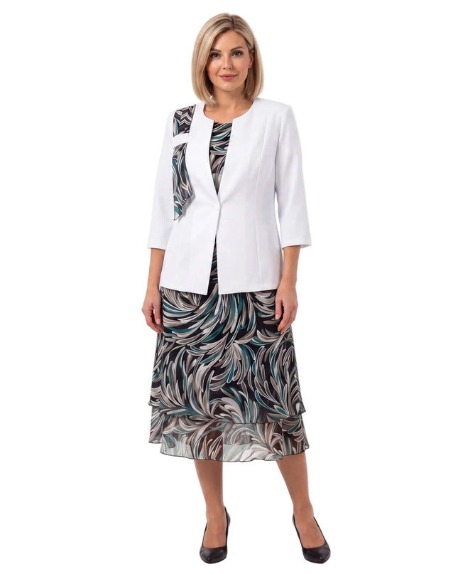 Официален дамски костюм от две части с шарена шифонена рокля големи размери - цял ръст на бял фон.