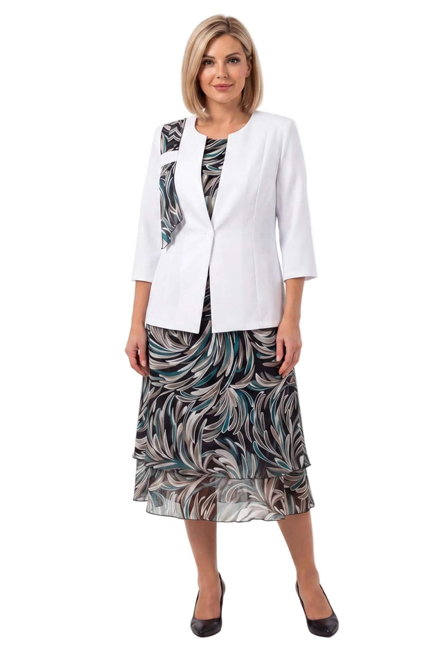 Официален дамски костюм от две части с шарена шифонена рокля големи размери - цял ръст на бял фон.