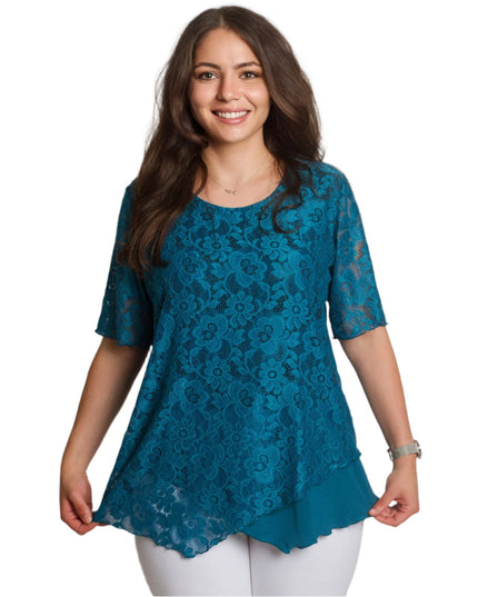 Официална блуза в тюркоазен цвят с дантела и права кройка - Maxi Market