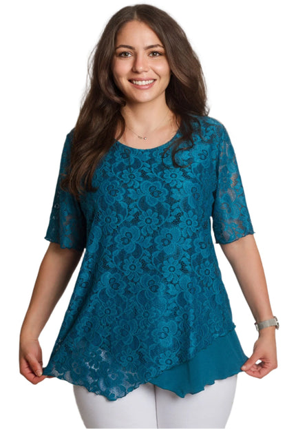 Официална блуза в тюркоазен цвят с дантела и права кройка - Maxi Market