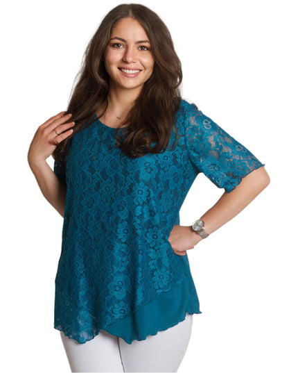 Официална блуза в тюркоазен цвят с дантела и права кройка - Maxi Market