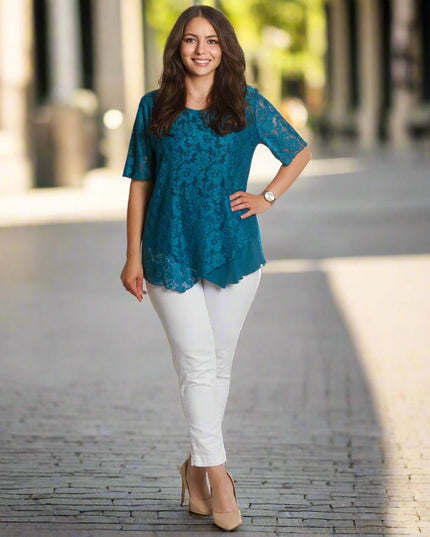 Официална блуза в тюркоазен цвят с дантела и права кройка - Maxi Market