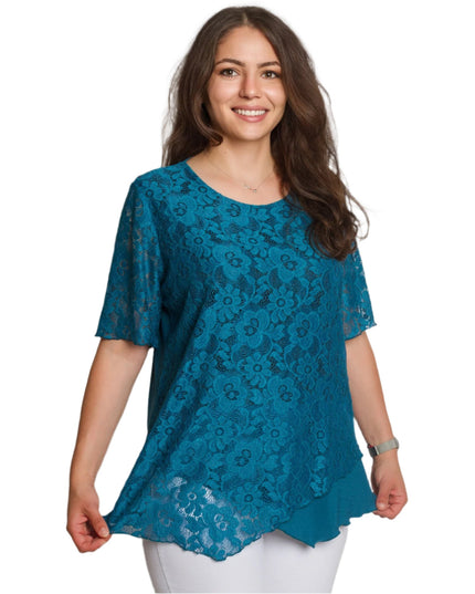 Официална блуза в тюркоазен цвят с дантела и права кройка - Maxi Market