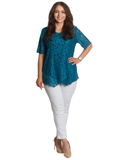 Официална блуза в тюркоазен цвят с дантела и права кройка - Maxi Market