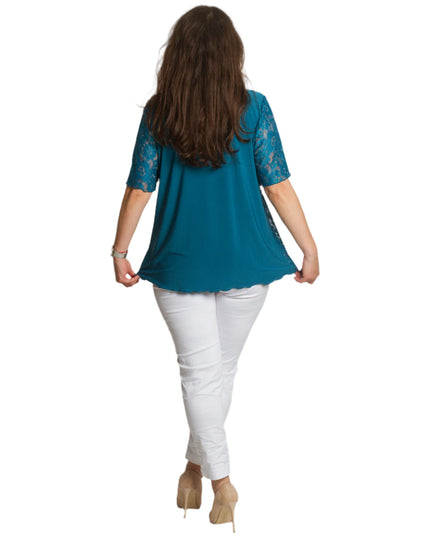 Официална блуза в тюркоазен цвят с дантела и права кройка - Maxi Market