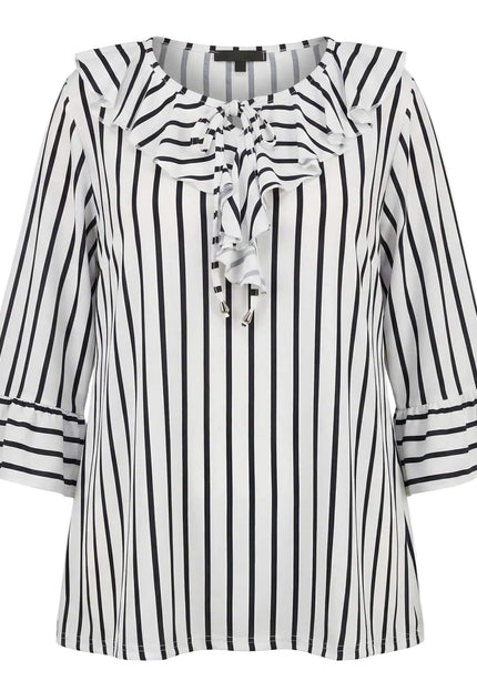 Официална бяла туника на тъмносиньо вертикално райе с набрано деколте и 7/8 ръкави. Преден изглед на бял фон.